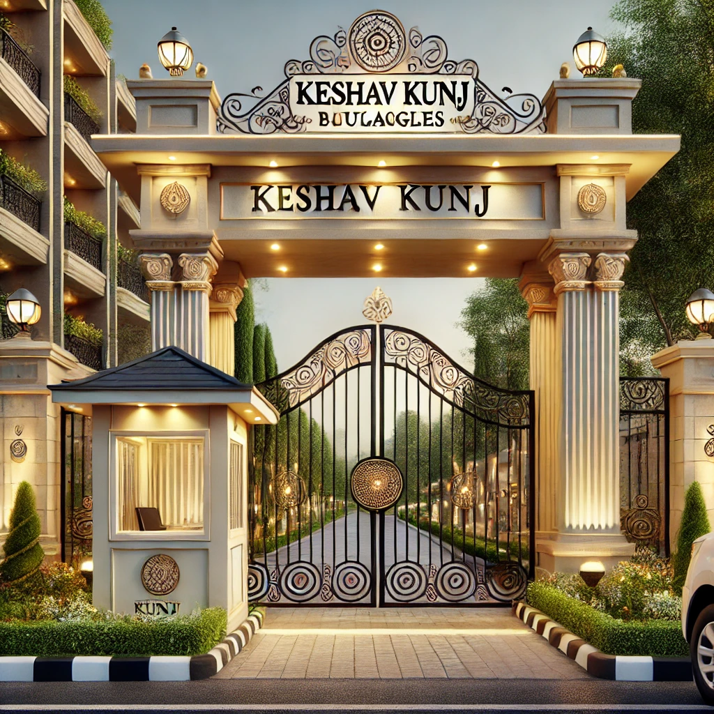 Decorative entry gate with 24x7 security cabin at Keshav Kunj, offering safe and elegant bungalow access in Surat