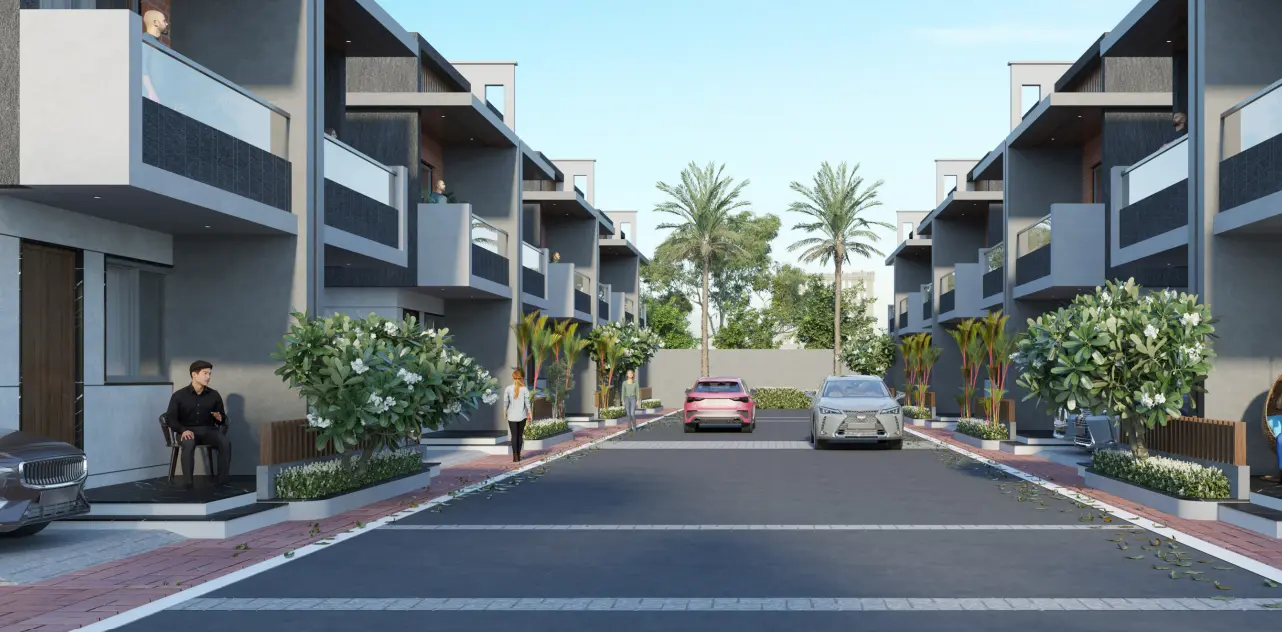 Residential row houses in Surat with RCC road – affordable, well-planned township at Modeshwari House.